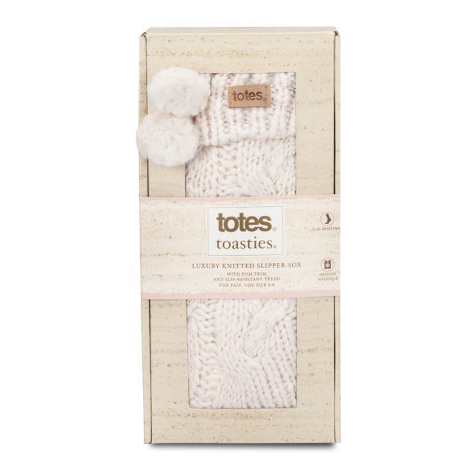 totes toasties® Ladies Luxury Chunky Knit Slipper-Sox With Tassel Trim Cream Extra Image 4